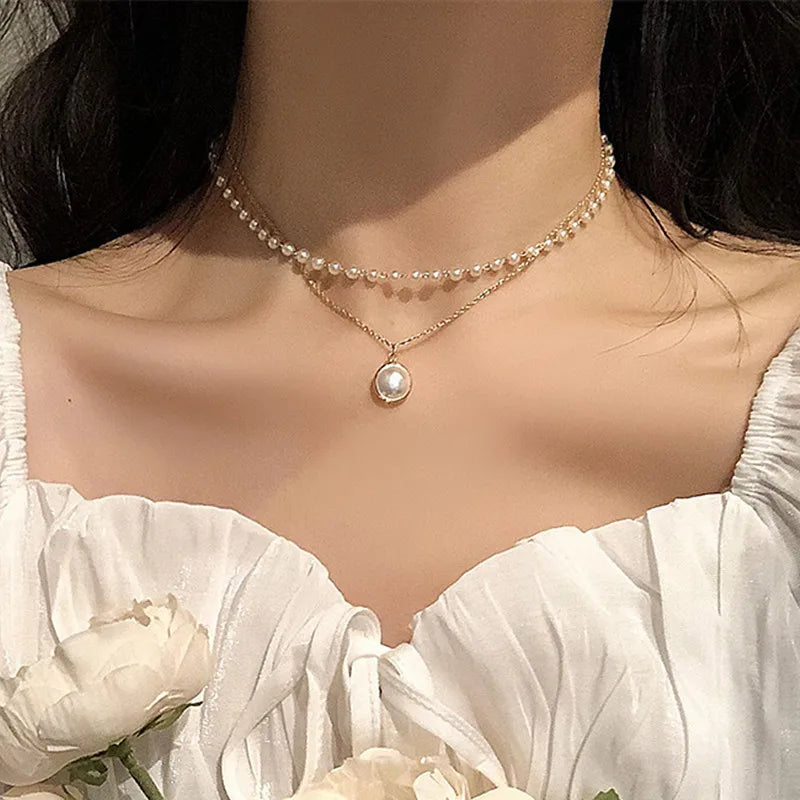 Simple Pearl Beads Chic Exquisite Necklace Gold Color Thin Chain Minimalist Charm Collar Jewelry Women