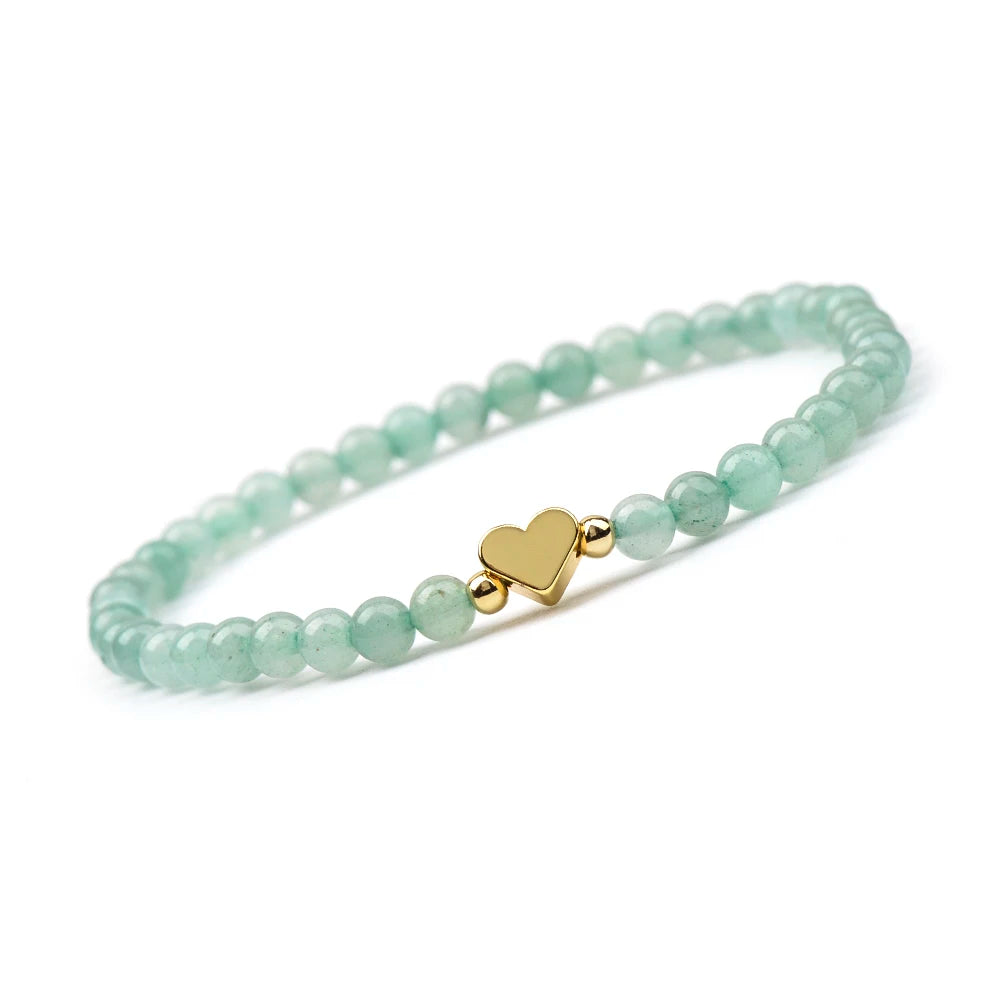 Fashion 4MM Natural Stone Green Aventurine And Shell Pearl Round Beads  Brass Heart Beads Stretchable Bracelets For Women