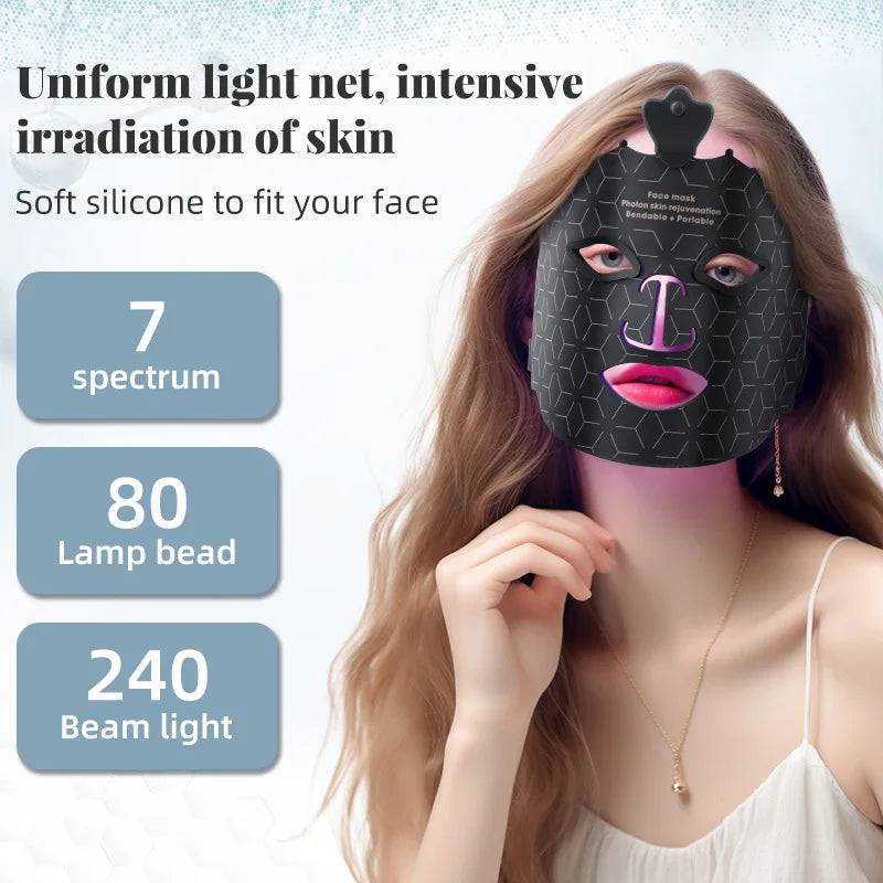 Máscara facial de silicona UBilli de 7 colores con luz LED, terapia de luz, 240 cuentas de lámpara, inalámbrica, terapia de luz roja, fotones.