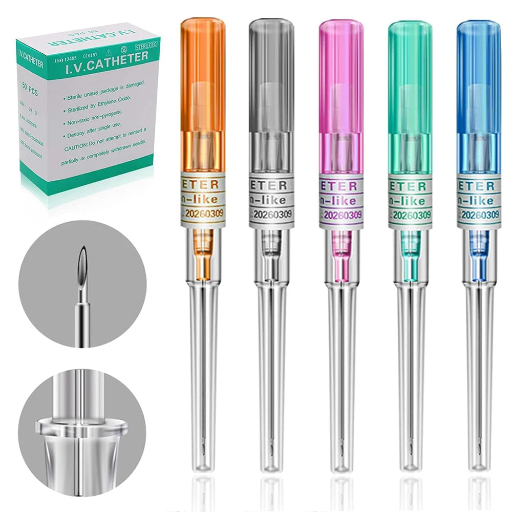 5/50 agujas para perforación de catéter IV de 14G, 16G, 18G, 20G, 22G y 24G, para perforación de oreja, nariz, ombligo y lengua.