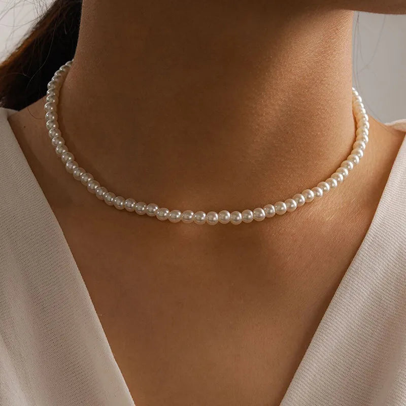 Simple Pearl Beads Chic Exquisite Necklace Gold Color Thin Chain Minimalist Charm Collar Jewelry Women