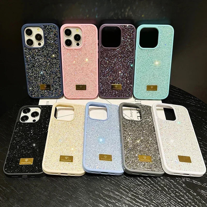 01 Elegante funda de teléfono con brillantes diamantes para iPhone 16, 15, 14, 13, 12, 11 Pro Max Plus, funda trasera a prueba de golpes para mujer