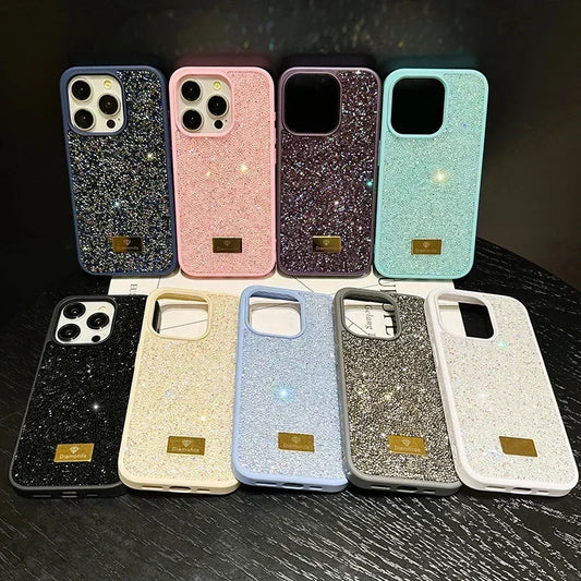 01 Elegante funda de teléfono con brillantes diamantes para iPhone 16, 15, 14, 13, 12, 11 Pro Max Plus, funda trasera a prueba de golpes para mujer