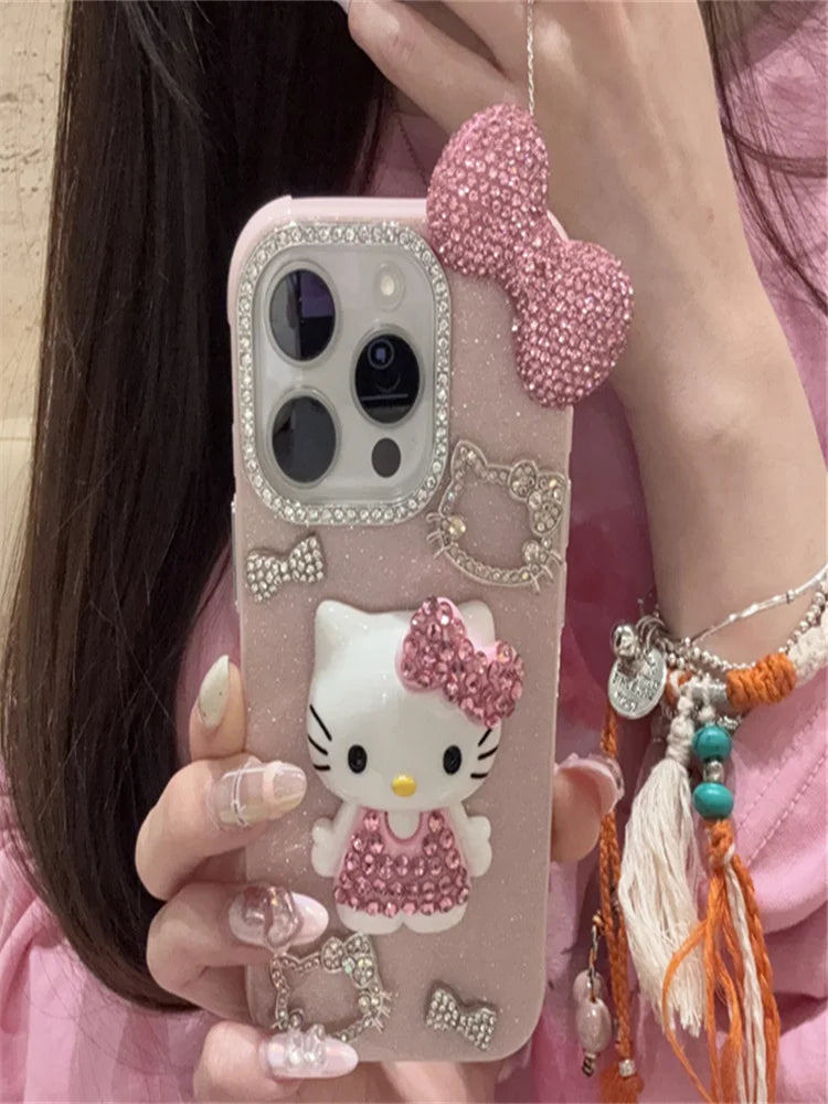 Funda de teléfono premium con lazo de Hello Kitty y diamantes de imitación, elegante accesorio para iPhone 16, 15, 14 y 13 Pro Max