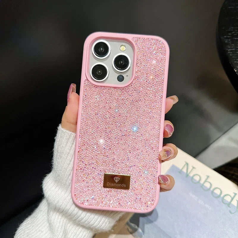 01 Elegante funda de teléfono con brillantes diamantes para iPhone 16, 15, 14, 13, 12, 11 Pro Max Plus, funda trasera a prueba de golpes para mujer