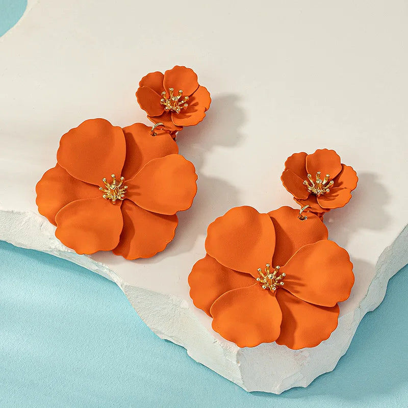 New Forest style long style temperament orange flower spray painted multi-layer creative ear clip earrings