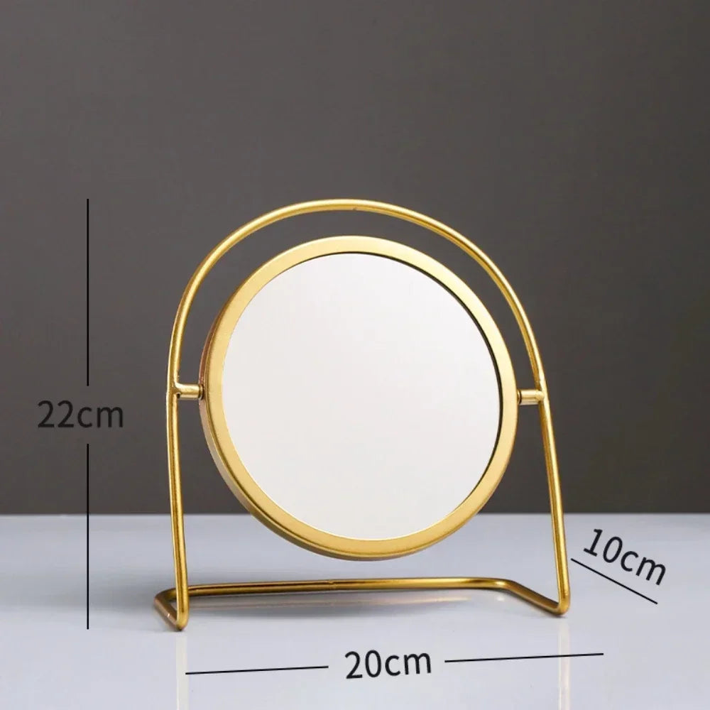 Espejo de maquillaje ligero de lujo retro europeo de metal dorado para el hogar, escritorio, espejo cuadrado redondo, espejo de maquillaje para dormitorio.
