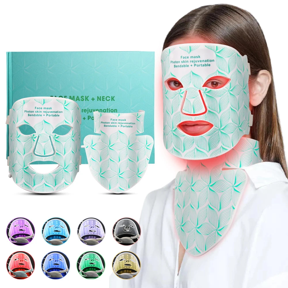Máscara facial LED de 8 colores con luz roja para el cuello, terapia de infrarrojos cercanos, máscara de belleza, antienvejecimiento, rejuvenecimiento de la piel, lifting y blanqueamiento.