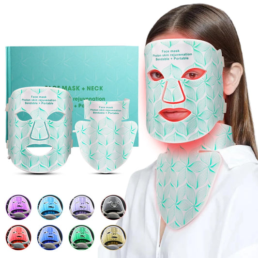 Máscara facial LED de 8 colores con luz roja para el cuello, terapia de infrarrojos cercanos, máscara de belleza, antienvejecimiento, rejuvenecimiento de la piel, lifting y blanqueamiento.