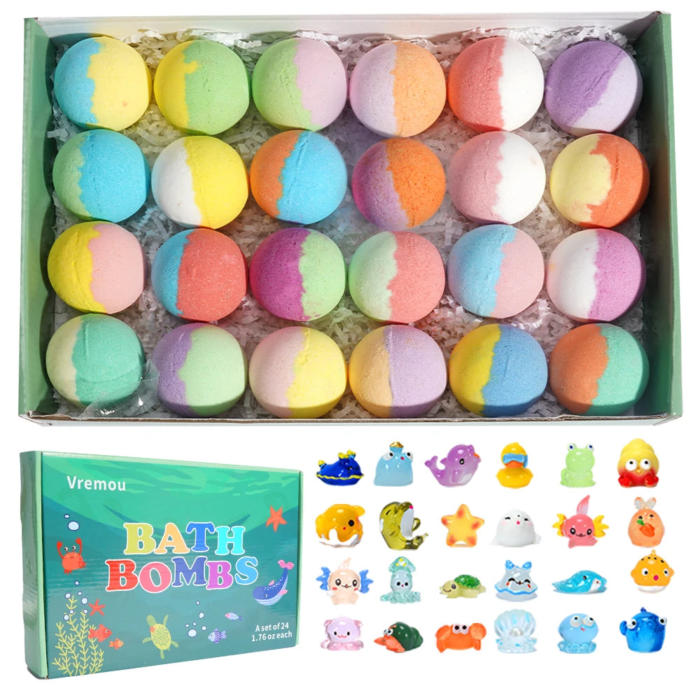 Bombas de baño para niños con sorpresa en su interior, set de regalo de 24 bombas de baño para niños, baño de burbujas natural orgánico para niños y niñas.