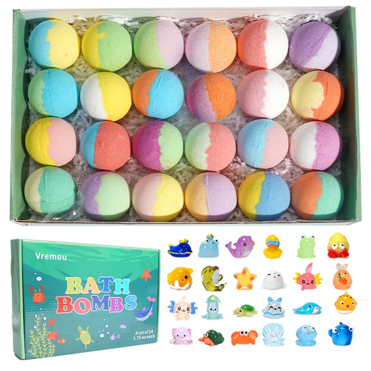 Bombas de baño para niños con sorpresa en su interior, set de regalo de 24 bombas de baño para niños, baño de burbujas natural orgánico para niños y niñas.