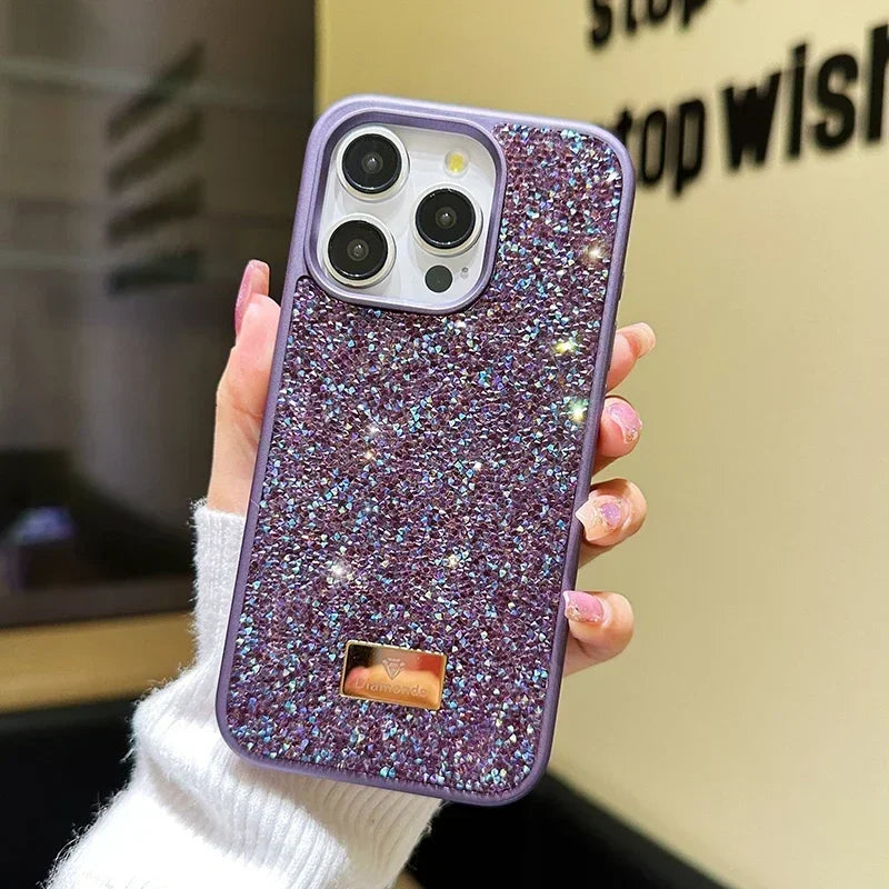 01 Elegante funda de teléfono con brillantes diamantes para iPhone 16, 15, 14, 13, 12, 11 Pro Max Plus, funda trasera a prueba de golpes para mujer