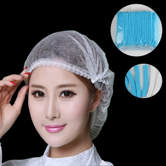 100 gorros desechables de tela no tejida para microblading, redecilla para el pelo, gorro estéril para chef, catering, gorro con tira antipolvo, suministros de baño