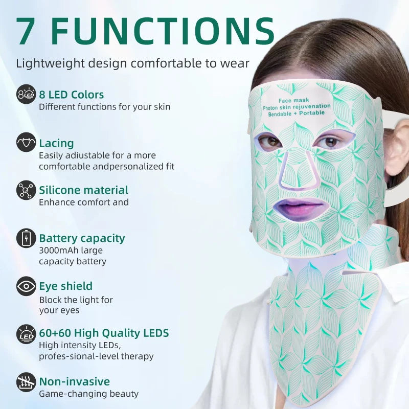 Máscara facial LED de 8 colores con luz roja para el cuello, terapia de infrarrojos cercanos, máscara de belleza, antienvejecimiento, rejuvenecimiento de la piel, lifting y blanqueamiento.