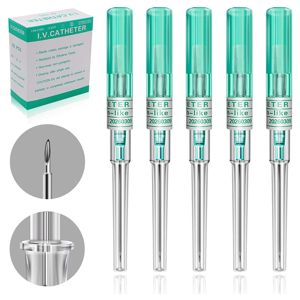 5/50 agujas para perforación de catéter IV de 14G, 16G, 18G, 20G, 22G y 24G, para perforación de oreja, nariz, ombligo y lengua.