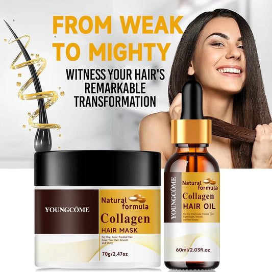 Mascarilla capilar de colágeno y queratina + aceite capilar, hidratante, control de grasa, cabello suave, liso, encrespamiento, reparación de daños, crema correctora de proteínas.