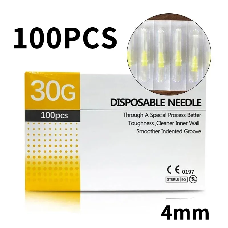 100 unidades/caja de agujas desechables de 30 g, 4 mm y 13 mm, pequeñas agujas de tatuaje indoloras, agujas de inyección, herramienta quirúrgica
