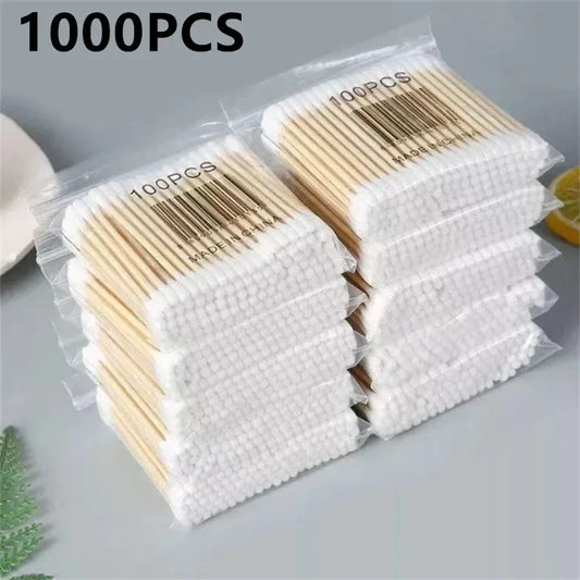 100/200/1000 piezas de hisopos de algodón de doble punta, removedor de maquillaje de oídos, palo de madera, removedor de maquillaje de oídos.