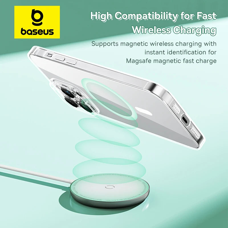 Funda magnética Baseus para iPhone 15, 14, 13, 12 y 11 Pro Max con carga inalámbrica y imán transparente