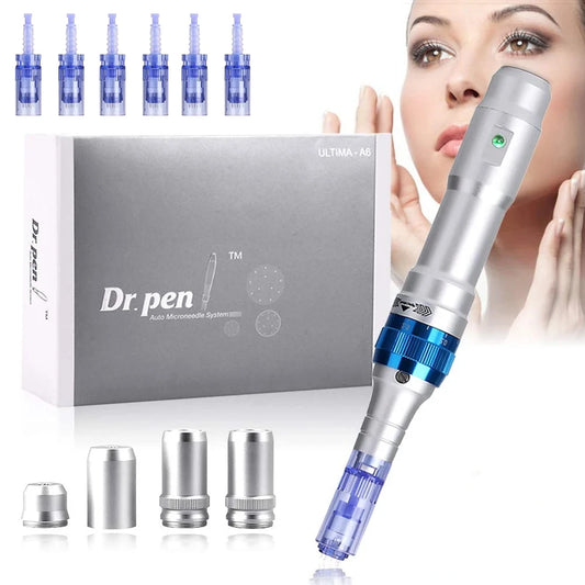 Ultima Dr Pen A6 original con 6 cartuchos, kit de herramientas eléctricas inalámbricas para el cuidado de la piel, máquina de belleza de mesoterapia automática para uso doméstico.