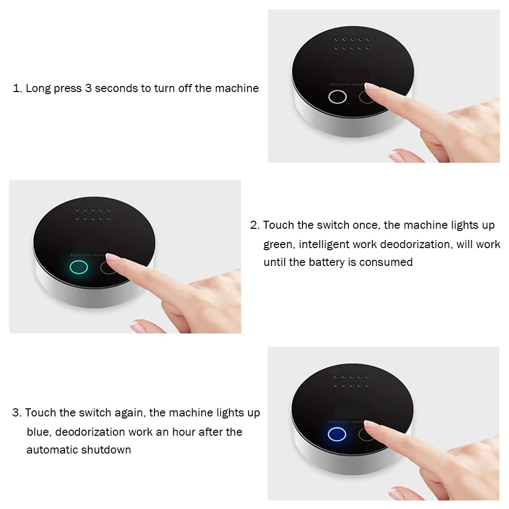 Purificador de aire multiusos, limpiador, desodorante eficiente, alimentado por USB/batería, para gabinetes, refrigeradores, autos y baños.