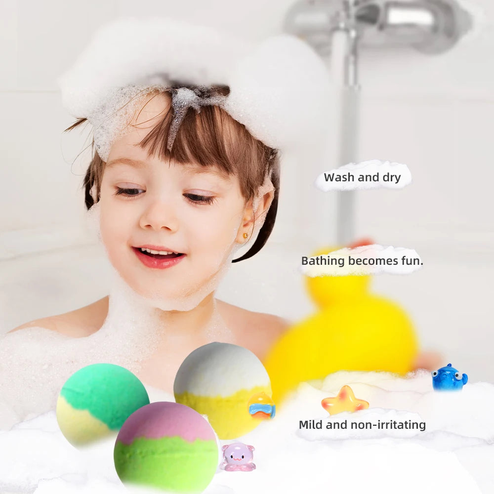 Bombas de baño para niños con sorpresa en su interior, set de regalo de 24 bombas de baño para niños, baño de burbujas natural orgánico para niños y niñas.