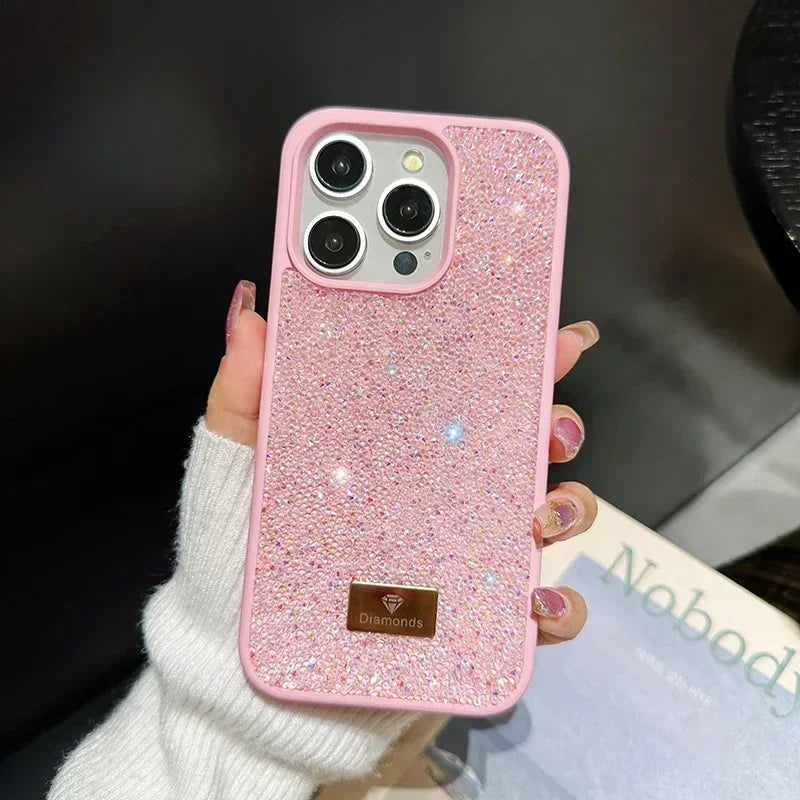 01 Elegante funda de teléfono con brillantes diamantes para iPhone 16, 15, 14, 13, 12, 11 Pro Max Plus, funda trasera a prueba de golpes para mujer