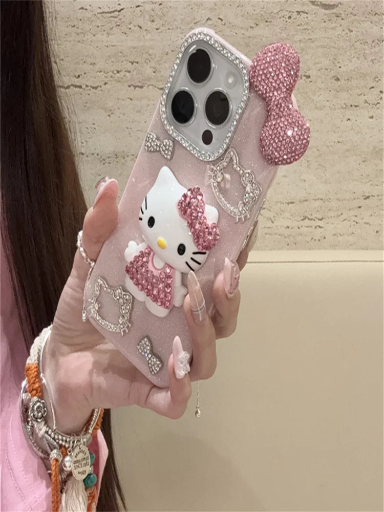 Funda de teléfono premium con lazo de Hello Kitty y diamantes de imitación, elegante accesorio para iPhone 16, 15, 14 y 13 Pro Max
