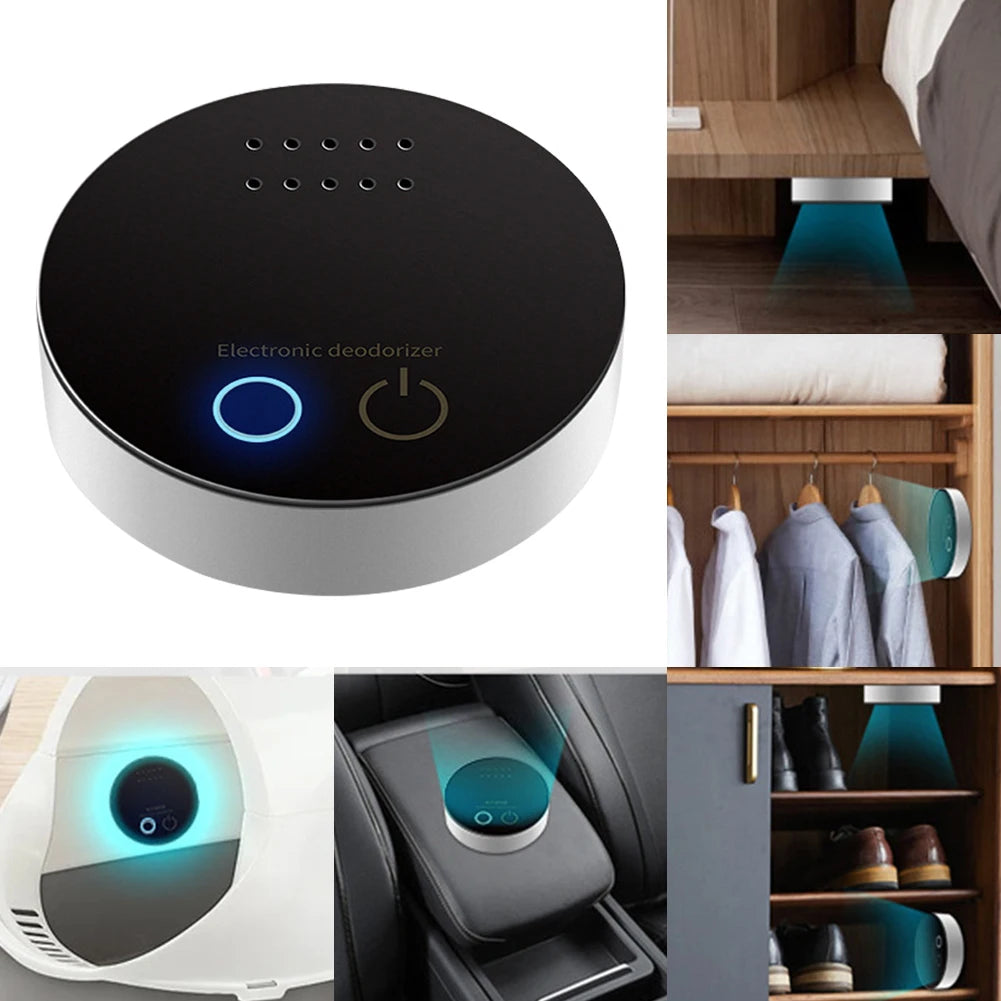 Purificador de aire multiusos, limpiador, desodorante eficiente, alimentado por USB/batería, para gabinetes, refrigeradores, autos y baños.