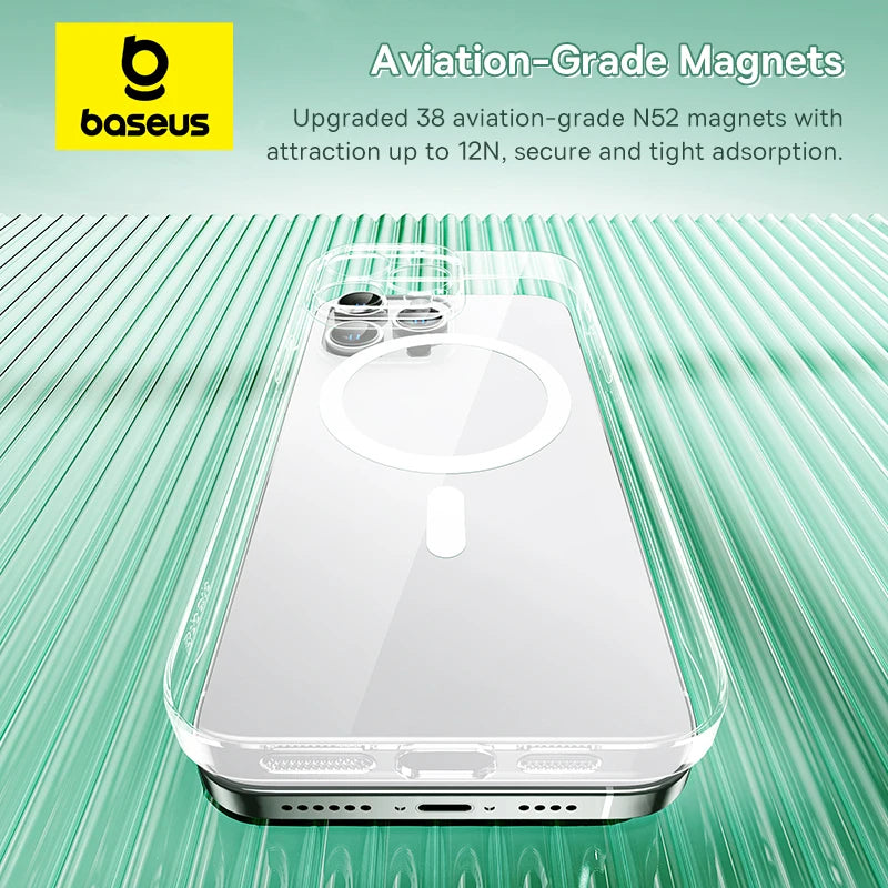 Funda magnética Baseus para iPhone 15, 14, 13, 12 y 11 Pro Max con carga inalámbrica y imán transparente