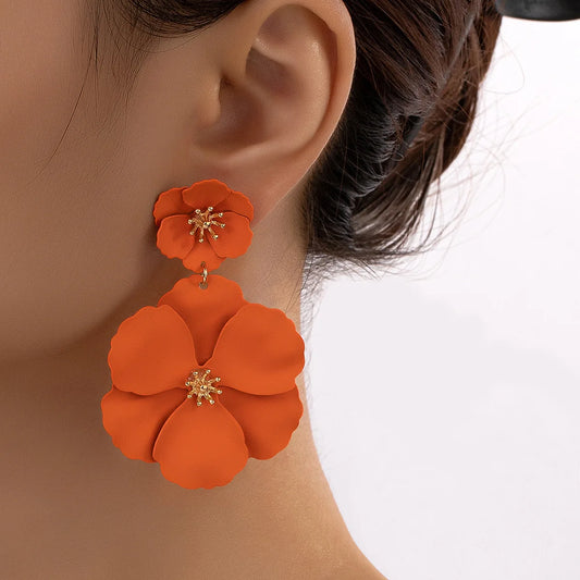 New Forest style long style temperament orange flower spray painted multi-layer creative ear clip earrings