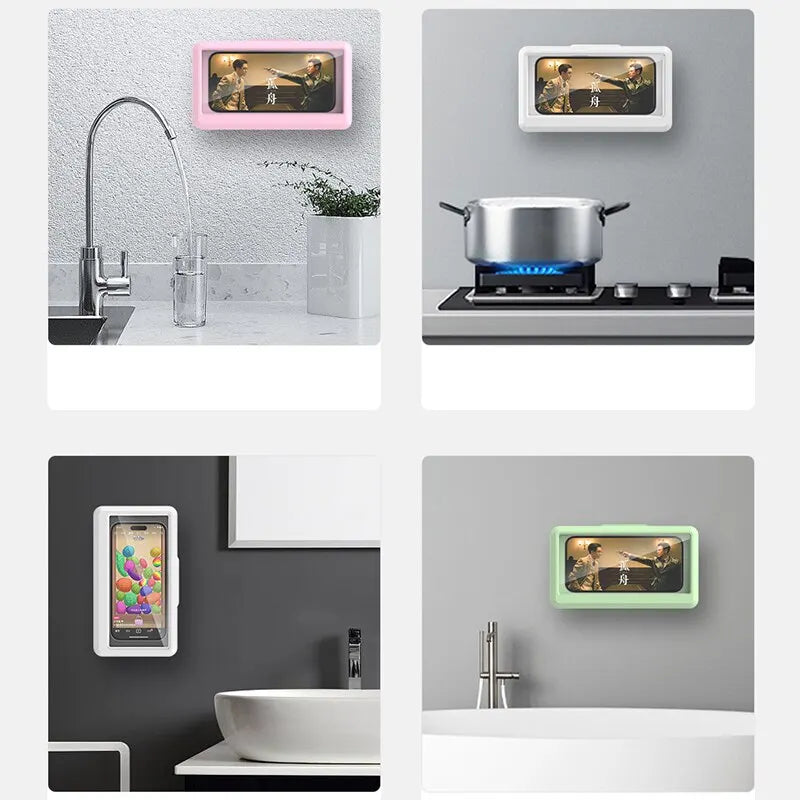 Soporte de teléfono impermeable para baño, soporte de pared para teléfono, caja de soporte, soporte autoadhesivo para teléfono con pantalla táctil, sellado para ducha y almacenamiento