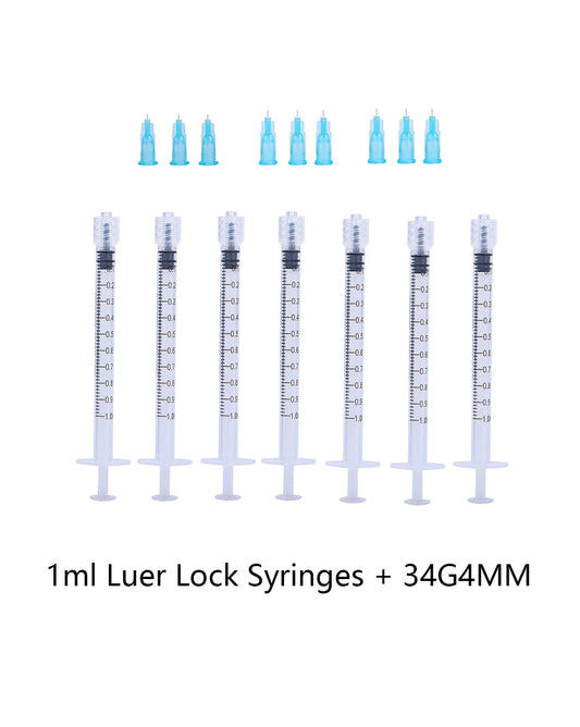 Jeringa Luer Lock de 1 ml + herramienta de inyección con aguja pequeña de 34G, 33G, 32G y 30G, empaque individual desechable, indolora para tatuajes de belleza.