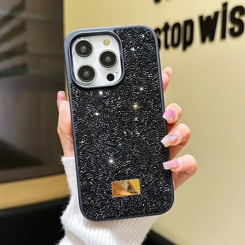 01 Elegante funda de teléfono con brillantes diamantes para iPhone 16, 15, 14, 13, 12, 11 Pro Max Plus, funda trasera a prueba de golpes para mujer