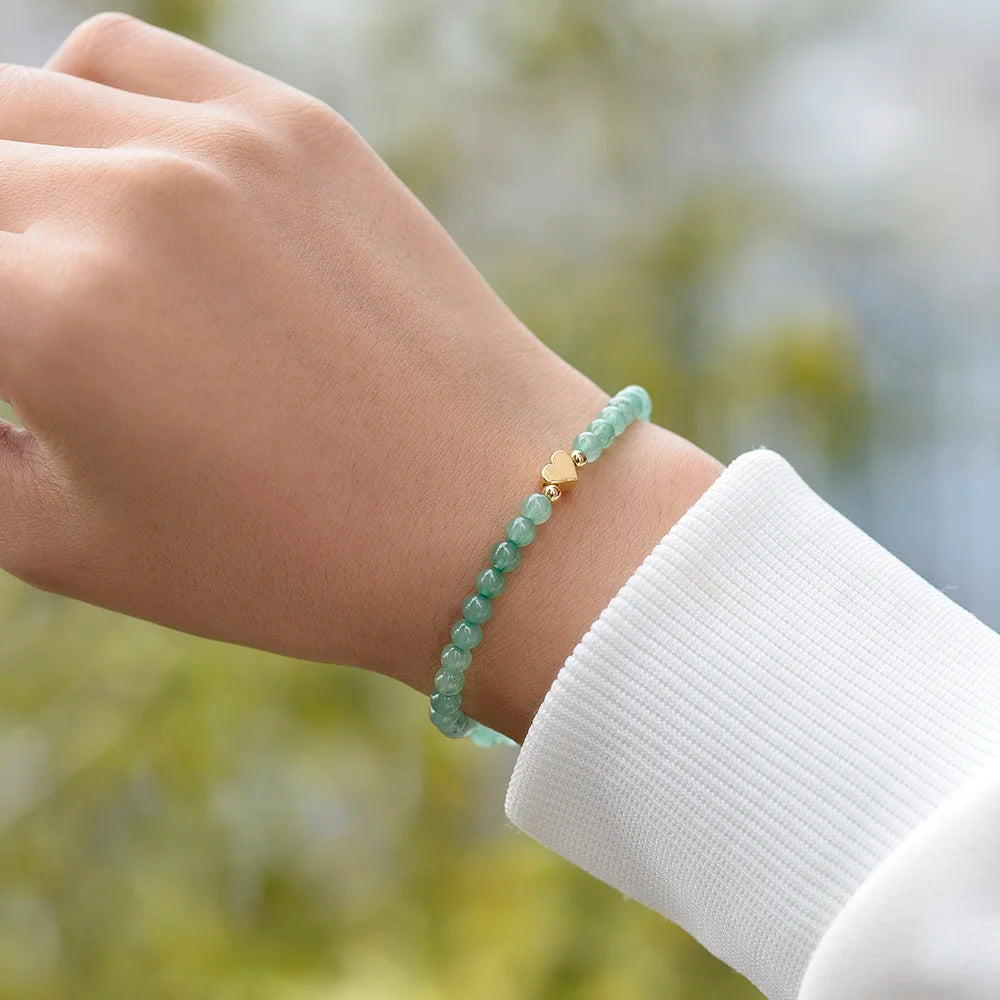 Fashion 4MM Natural Stone Green Aventurine And Shell Pearl Round Beads  Brass Heart Beads Stretchable Bracelets For Women