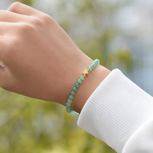 Fashion 4MM Natural Stone Green Aventurine And Shell Pearl Round Beads  Brass Heart Beads Stretchable Bracelets For Women