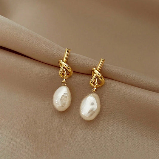 1 Pair Knotted Faux Pearl Dangle Earrings,Vintage And Elegant Knot Shaped Ear Studs Baroque Pearl Drop Earring,
