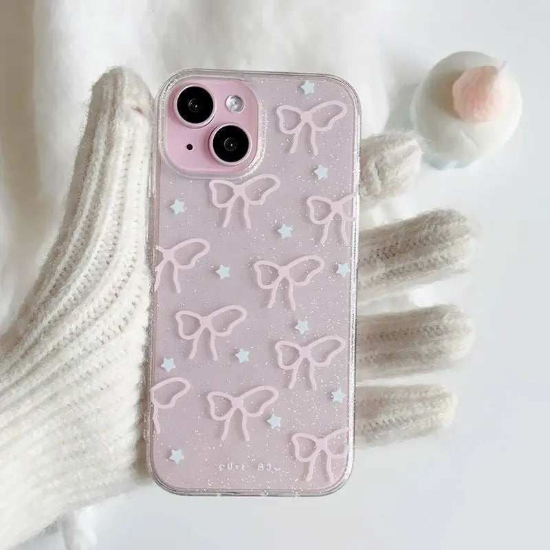 Funda de teléfono transparente con lazo rosa para iPhone 15, 14, 13, 12 Pro Max, funda de silicona suave con purpurina y estrellas