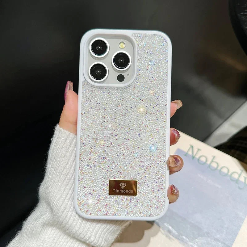 01 Elegante funda de teléfono con brillantes diamantes para iPhone 16, 15, 14, 13, 12, 11 Pro Max Plus, funda trasera a prueba de golpes para mujer
