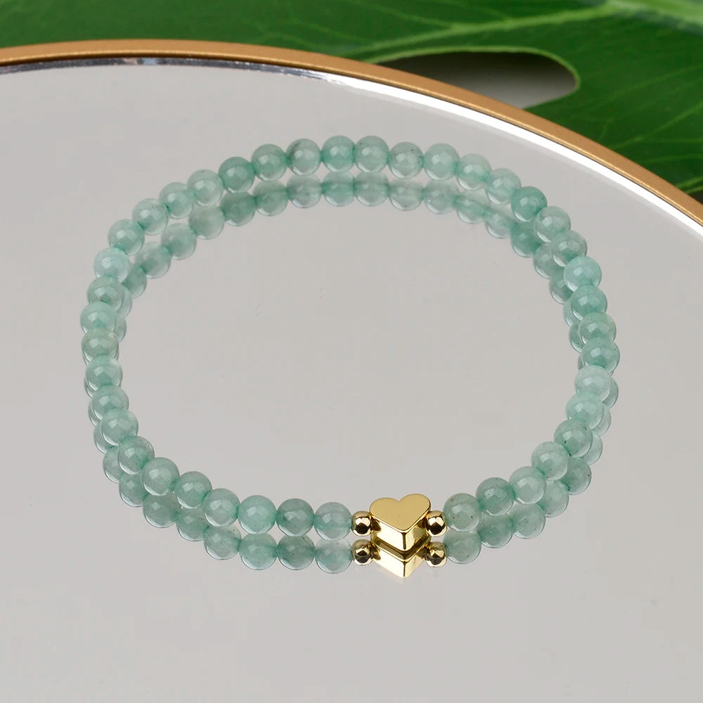 Fashion 4MM Natural Stone Green Aventurine And Shell Pearl Round Beads  Brass Heart Beads Stretchable Bracelets For Women