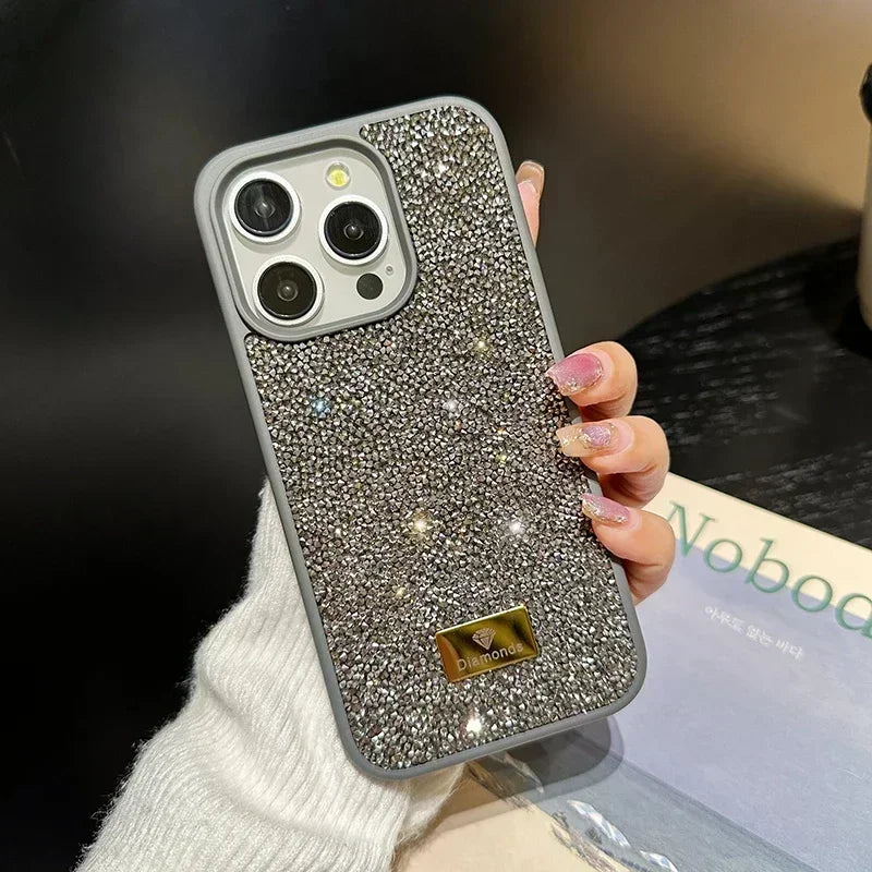 01 Elegante funda de teléfono con brillantes diamantes para iPhone 16, 15, 14, 13, 12, 11 Pro Max Plus, funda trasera a prueba de golpes para mujer