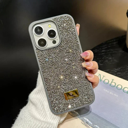 01 Elegante funda de teléfono con brillantes diamantes para iPhone 16, 15, 14, 13, 12, 11 Pro Max Plus, funda trasera a prueba de golpes para mujer