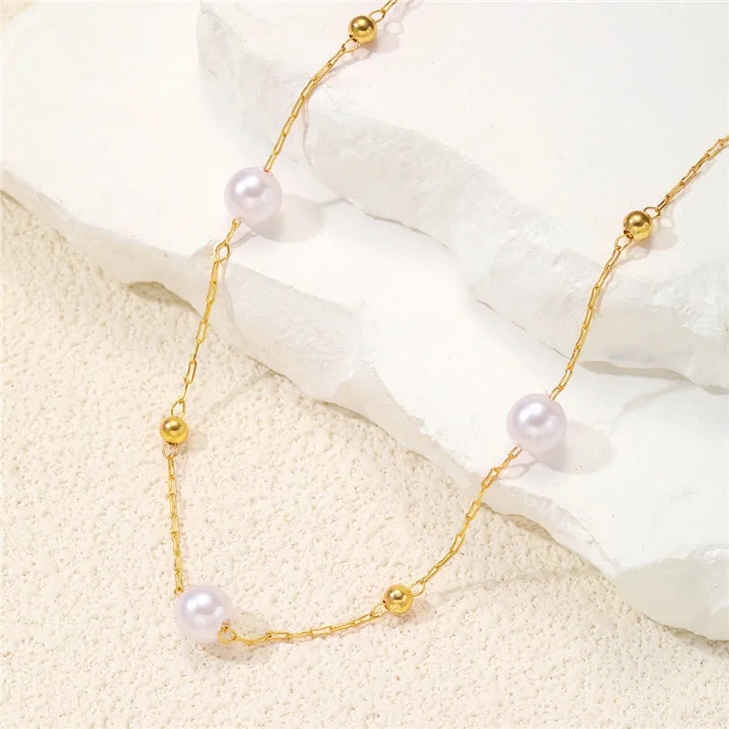 Simple Pearl Beads Chic Exquisite Necklace Gold Color Thin Chain Minimalist Charm Collar Jewelry Women
