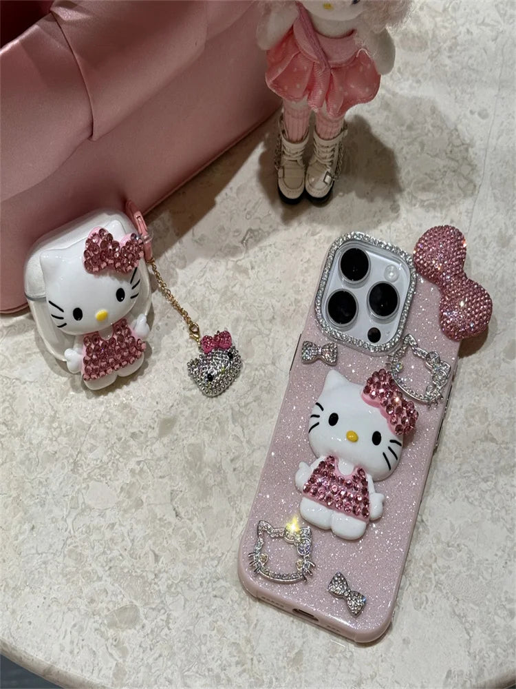 Funda de teléfono premium con lazo de Hello Kitty y diamantes de imitación, elegante accesorio para iPhone 16, 15, 14 y 13 Pro Max