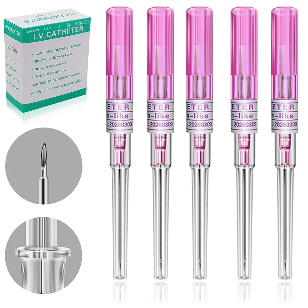 5/50 agujas para perforación de catéter IV de 14G, 16G, 18G, 20G, 22G y 24G, para perforación de oreja, nariz, ombligo y lengua.